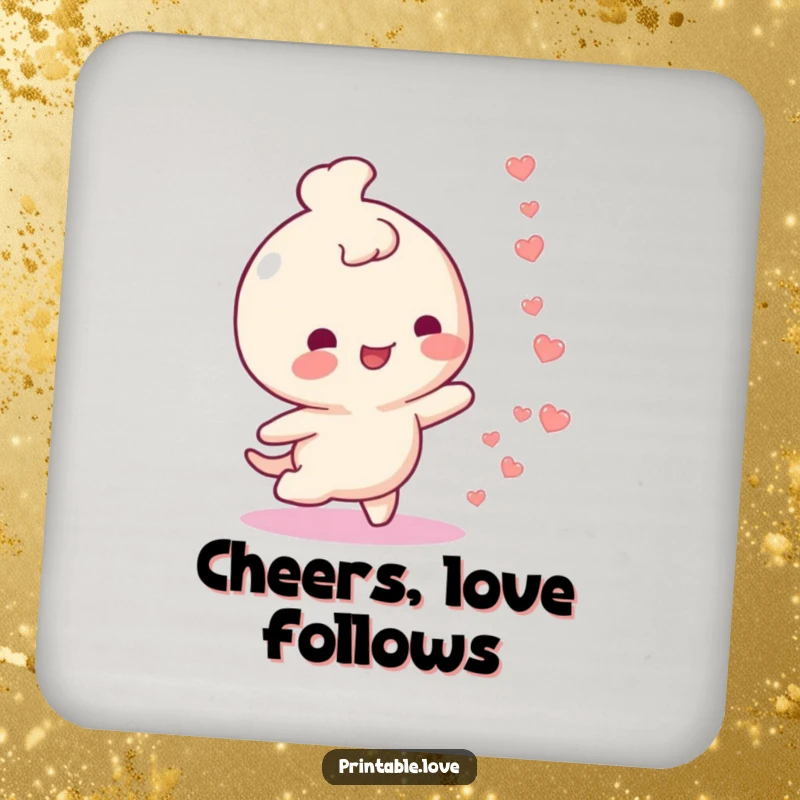 Funny drink coaster depicting a happy character leaving a trail of tiny hearts. A cheerful surface protector.