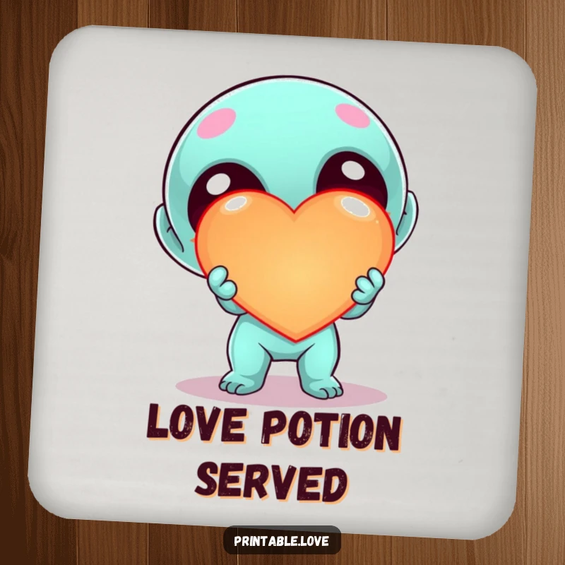 Funny Kawaii Alien Heart Coaster, cute cartoon alien offering a large, glowing heart, protects surfaces with cosmic charm.