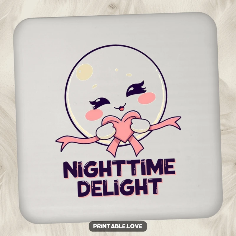 Funny Kawaii Moon Drink Coaster: Features a mischievous winking moon character holding a heart ribbon, protecting surfaces in a cute way.