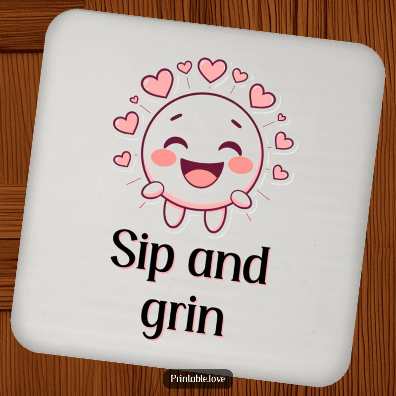 Funny Kawaii Smiley Face Coaster, cute cartoon character laughing, radiating heart shapes, protects surfaces with charm and happiness.