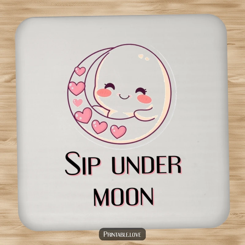 Funny moon drink coaster with a smiling character holding a crescent moon made of hearts, protecting surfaces with celestial humor.