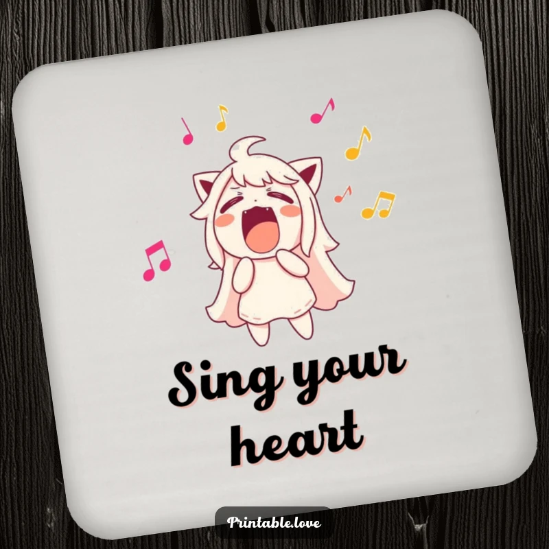 Funny character singing loudly, musical notes flying out, protective drink coaster, adds musical flair.