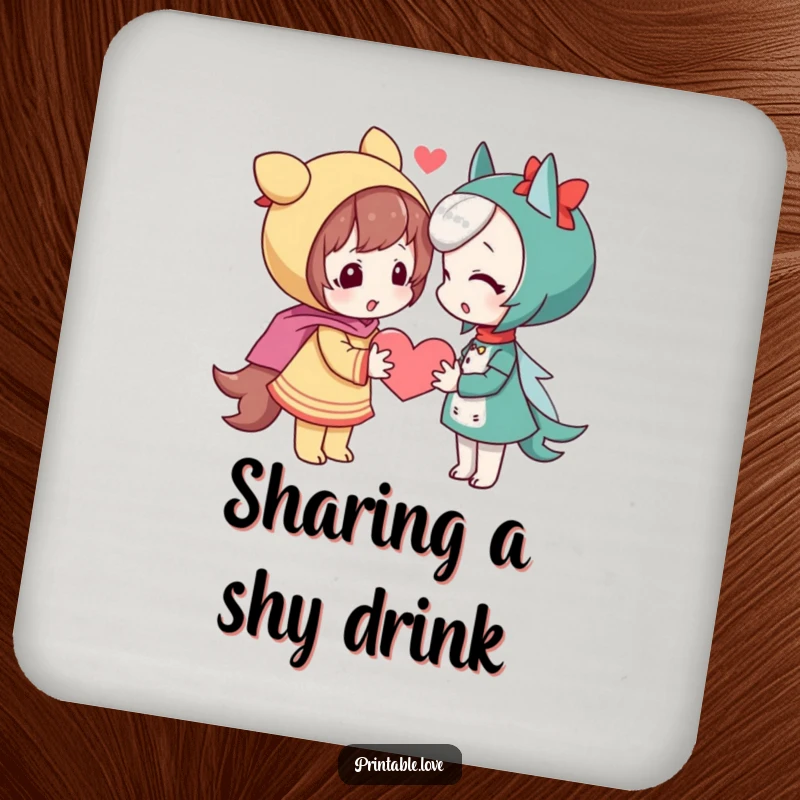 Funny shy character drink coaster, a playful figure offering a heart, protects surfaces.