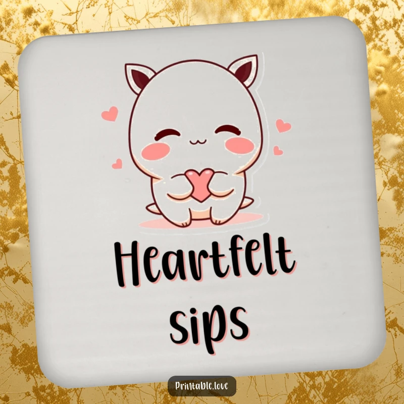 Funny shy kawaii character coaster, protects surfaces, blushing and offering a heart, cute home decor accent, perfect for drinks.