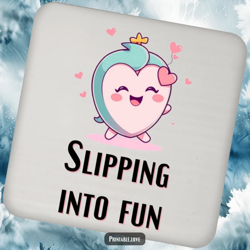 Funny drink coaster showing a small, round heart character in the midst of a gleeful trip, adding a touch of humor to any table.