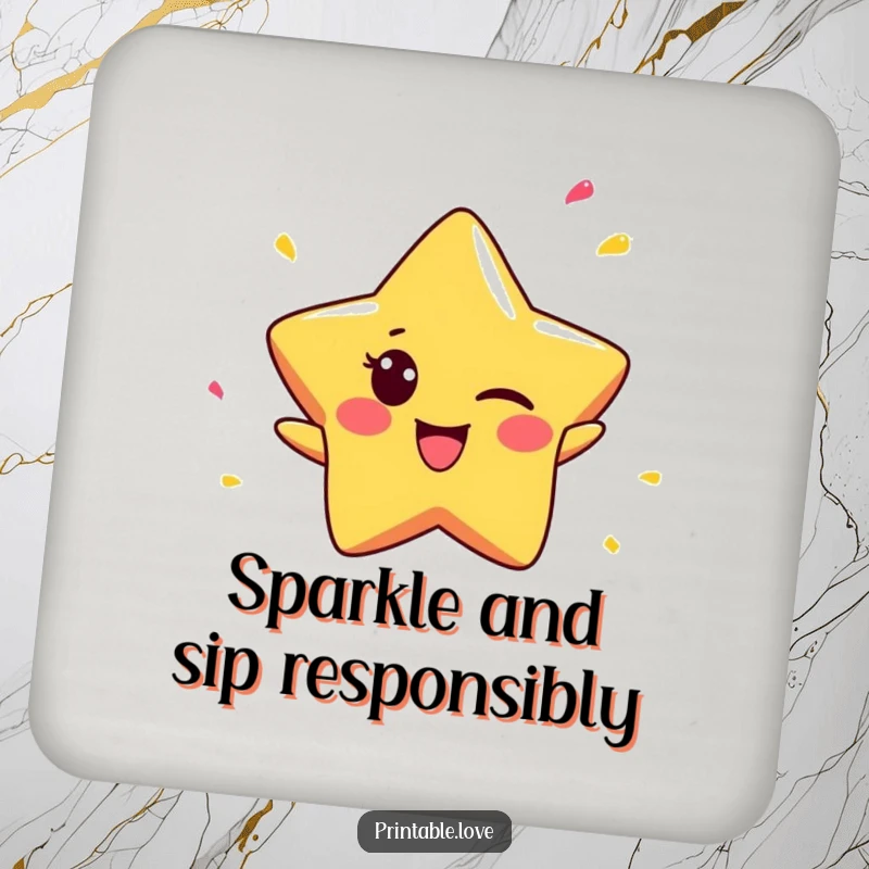 Funny Star Coaster: A tiny winking star character sprinkles confetti, adding a humorous and protective layer to tabletops.