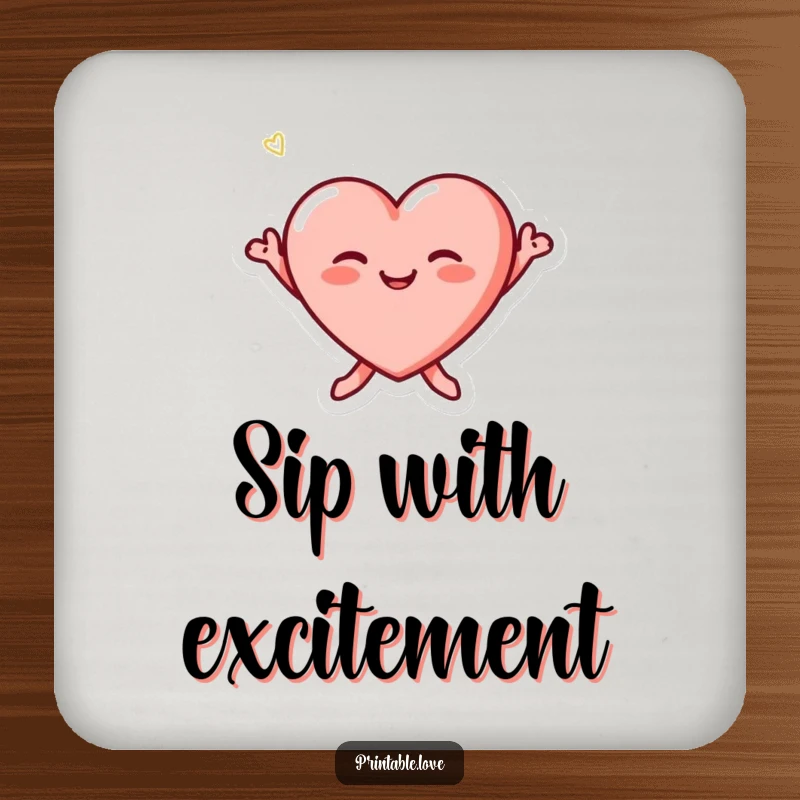 Funny tiny heart character with blushing cheeks joyfully jumping on cute drink coasters, adding cheerful protection.