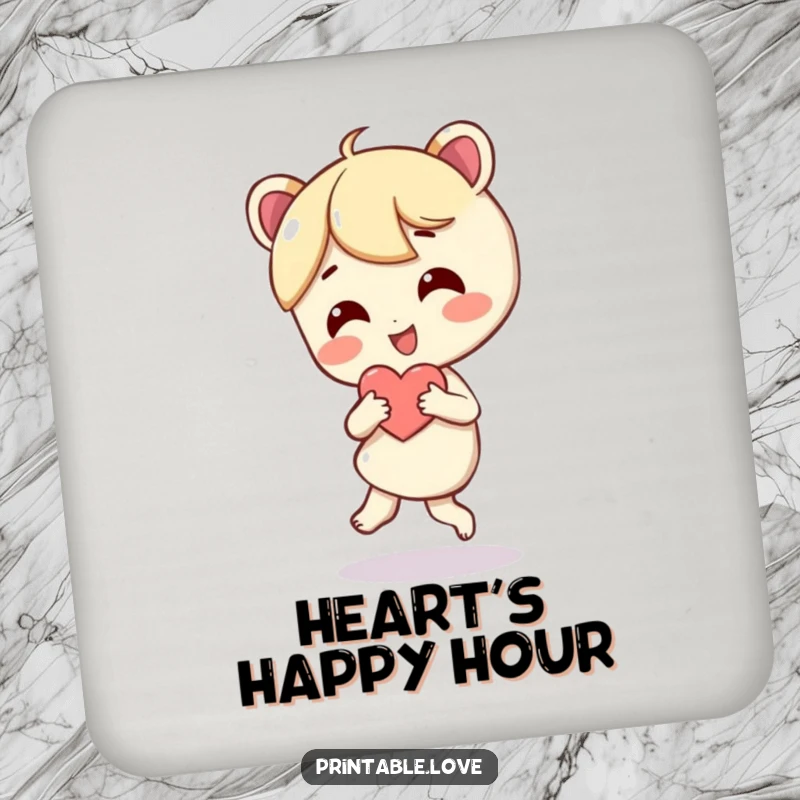 Funny drink coaster depicting a character dancing joyfully with a heart, a small but fun protector.