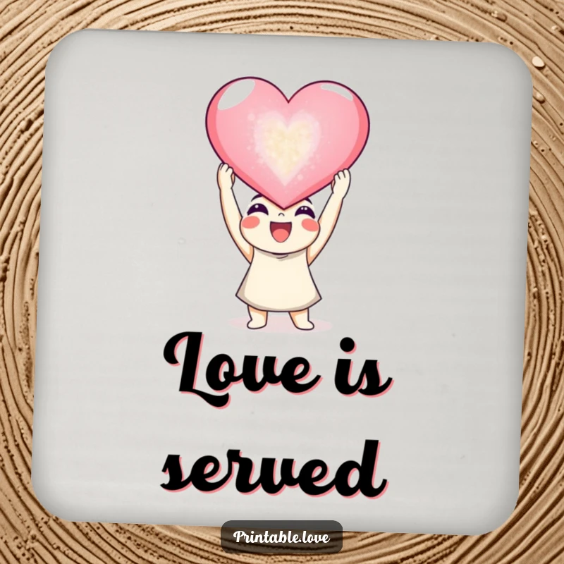 Funny joyful character drink coaster, a happy figure holding a giant sparkling heart, protects surfaces.