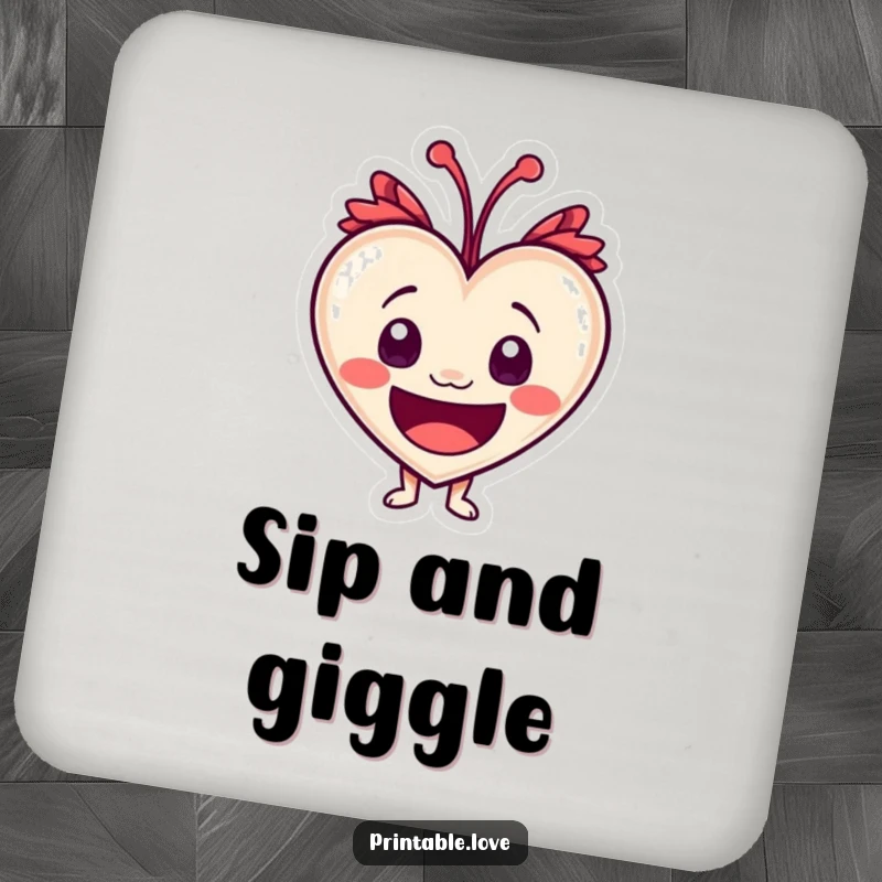 Funny heart character with wide eyes, bursting with laughter on cute drink coasters, adding humorous protection.
