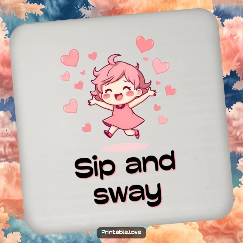 Funny Drink Coaster with a character dancing with abandon, surrounded by cheerful floating hearts, adding a touch of joy to any surface.