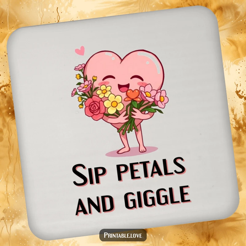 Funny Heart Drink Coaster featuring a giggling heart character holding a bouquet of flowers, adding loving protection to any table.