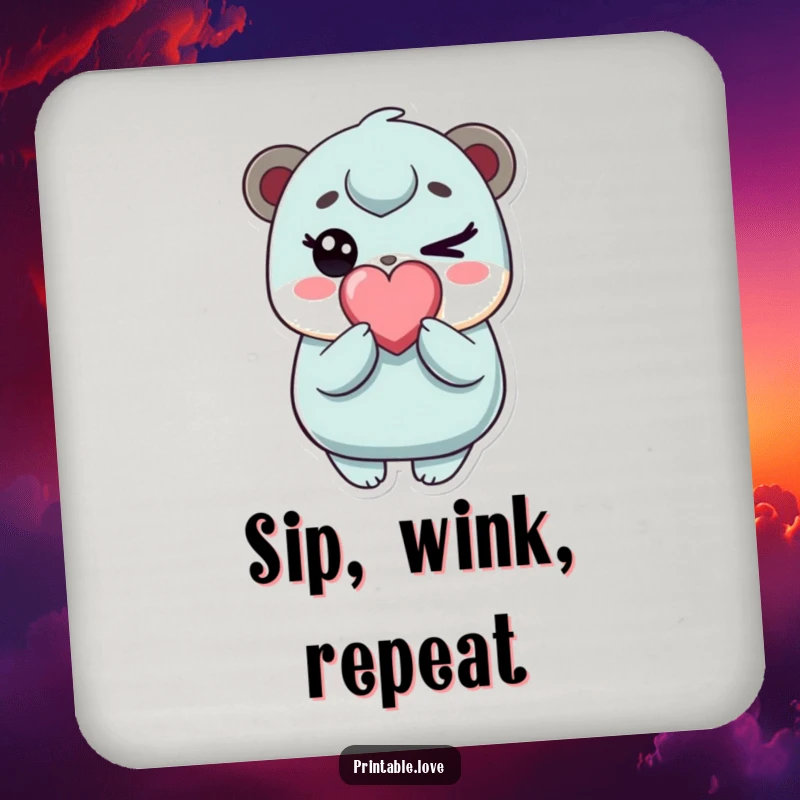 Funny kawaii character coaster, protects surfaces, playfully winking with a heart candy, cute home decor accent, perfect for drinks.
