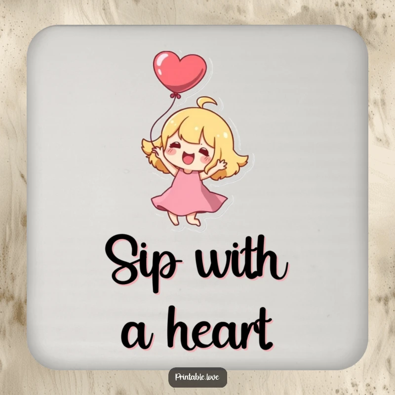 Funny Coaster: A Kawaii character joyfully twirls with a heart balloon, a cute protector.