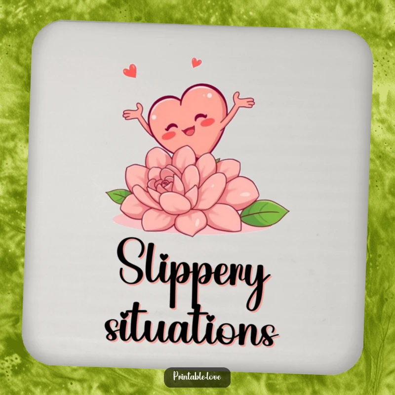 Funny drink coaster showing a chubby heart character tripping over a flower, arms flailing, a comical mishap.