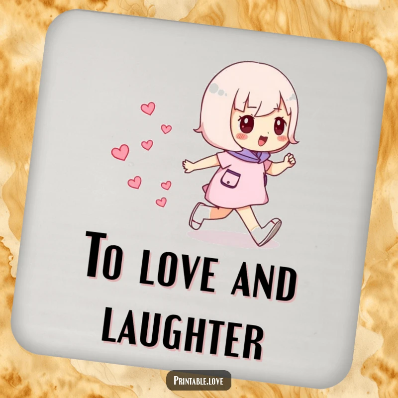 Funny Striding Hearts Coaster: Cute character coaster walking, leaving hearts, perfect for drinks.