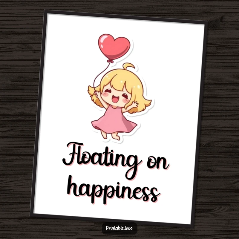 Funny Poster: A Kawaii character joyfully twirls with a heart balloon, embodying pure delight and cuteness.