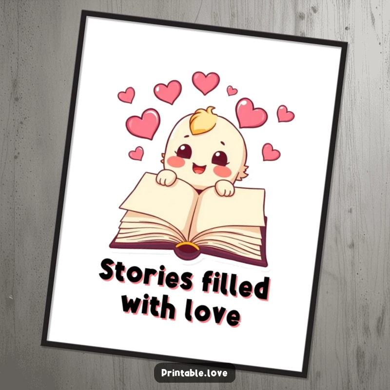 Funny book poster with a character joyfully releasing hearts from its pages, creating literary and humorous wall art.