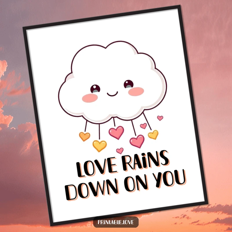 Funny Cloud Poster: A smiling cloud character gently showers sparkling hearts downwards in a delightful and humorous display of affection.