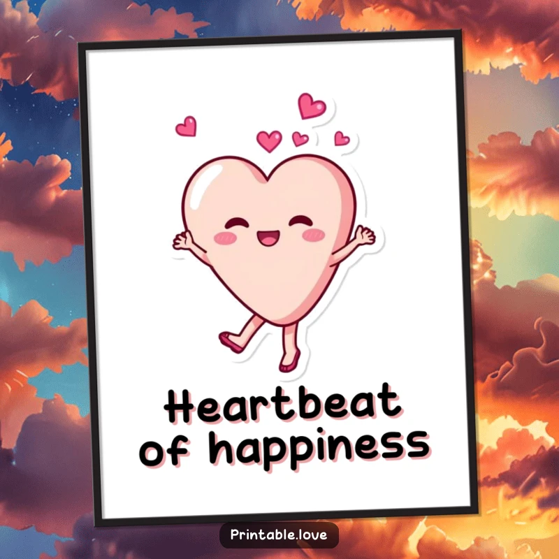 Funny, delighted heart character dancing and twirling with joy on a poster, creating a vibrant and happy atmosphere.