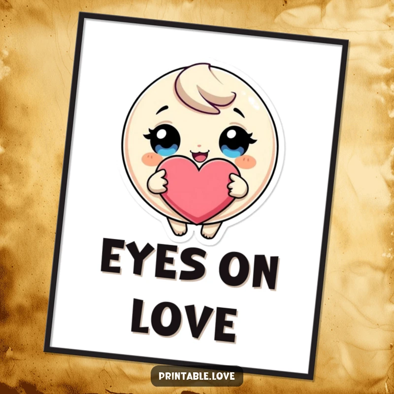 Funny Giggling Heart Poster: An art print of a round character with huge eyes giggling uncontrollably while holding a giant, loving heart.