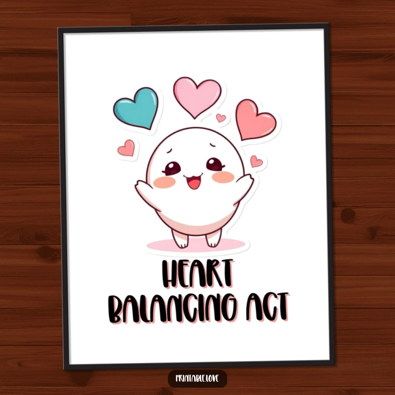 Funny heart juggling poster featuring a round, blushing character playfully tossing three colorful hearts, perfect for cheerful wall decor.