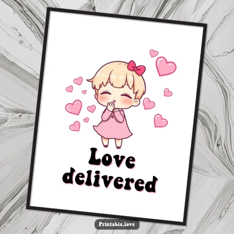 Funny Poster depicting a cute character blowing affectionate kisses, with a dynamic trail of floating hearts creating a romantic atmosphere.