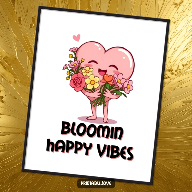 Funny Heart Poster showcasing a giggling heart character holding a vibrant bouquet of flowers, adding love and laughter to any room.