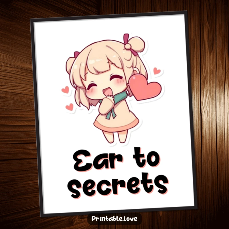 Funny secret whisper poster showing a character excitedly whispering secrets into a heart-shaped ear, perfect for intimate wall decor.