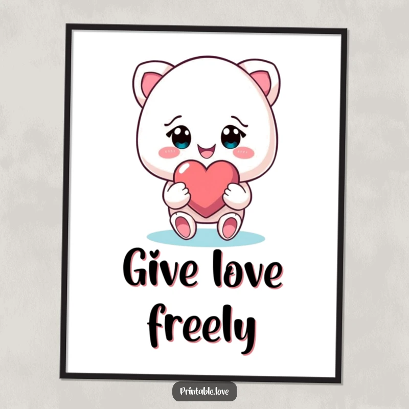 Funny smiling character artwork on a poster, gifting a heart with beaming eyes, conveying love and happiness, ideal for any room.