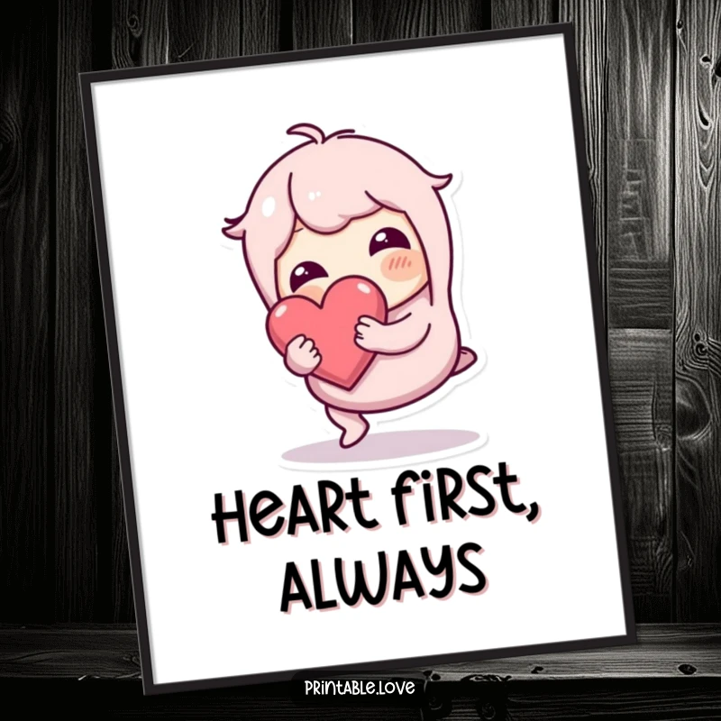 Funny wobbly character artwork on a poster, tripping but holding a heart safely, conveying dedication and care, ideal for any space.