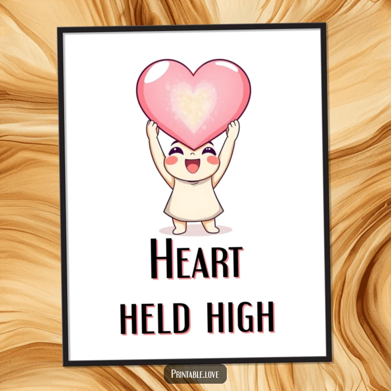 Funny joyful character poster art, a figure holding a giant sparkling heart aloft, great for walls.