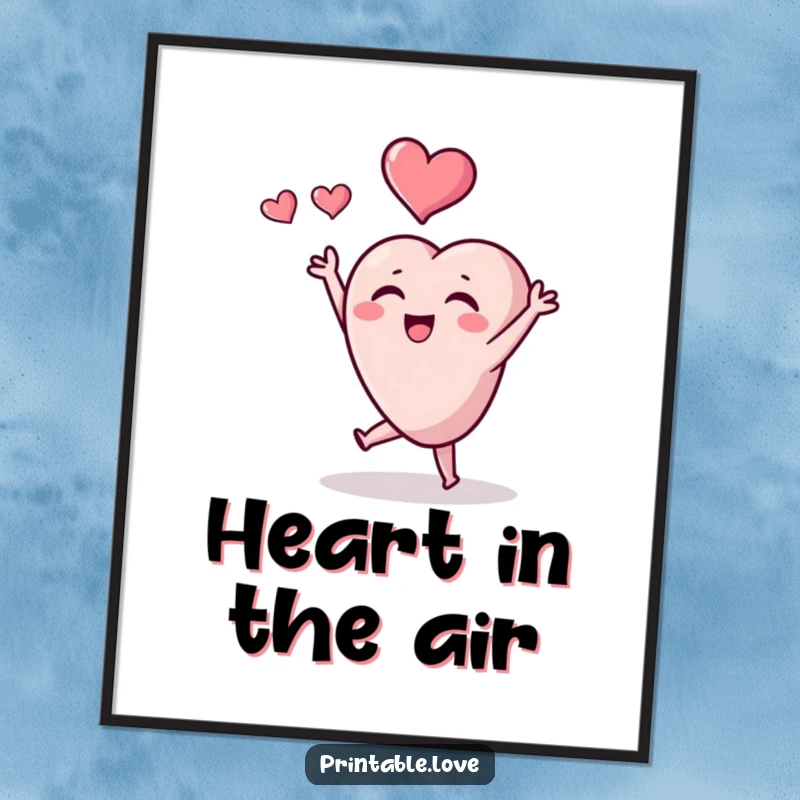 Funny tiny heart poster art, a cute character joyfully tossing a heart, perfect for wall decor.