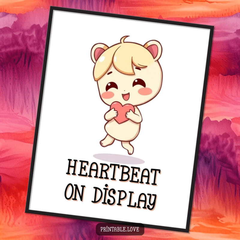 Funny poster showcasing a character in a lively dance pose, hugging a big red heart. Artful, happy vibes.