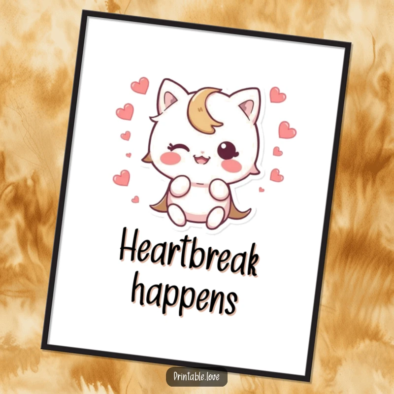Funny Kawaii Character Poster showing a cute character tripping and a heart scattering in surprise, perfect for humorous wall art.