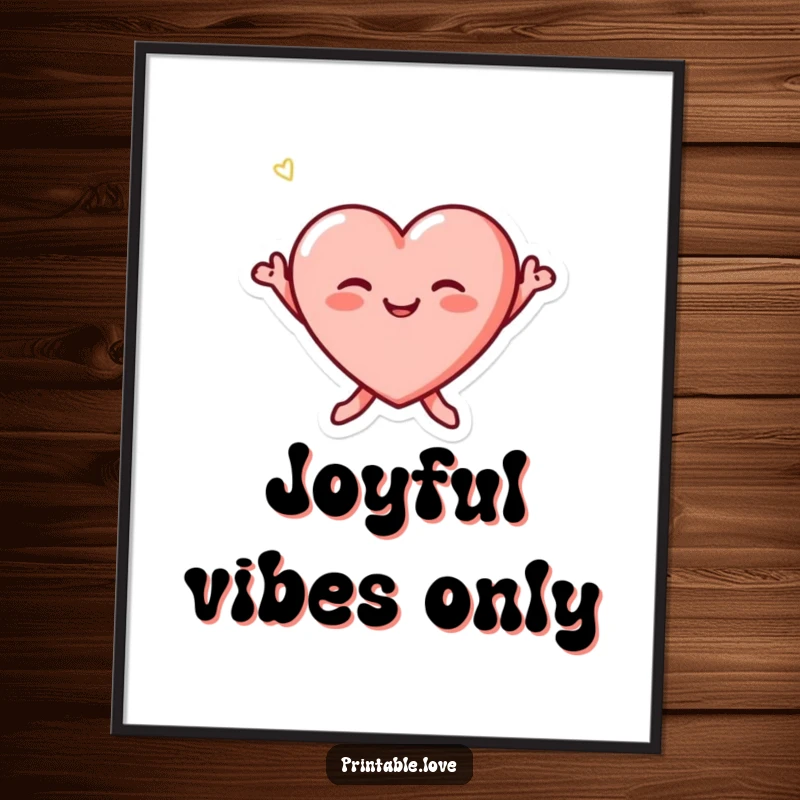 Funny tiny heart character with blushing cheeks joyfully jumping, presented as a vibrant digital art poster.