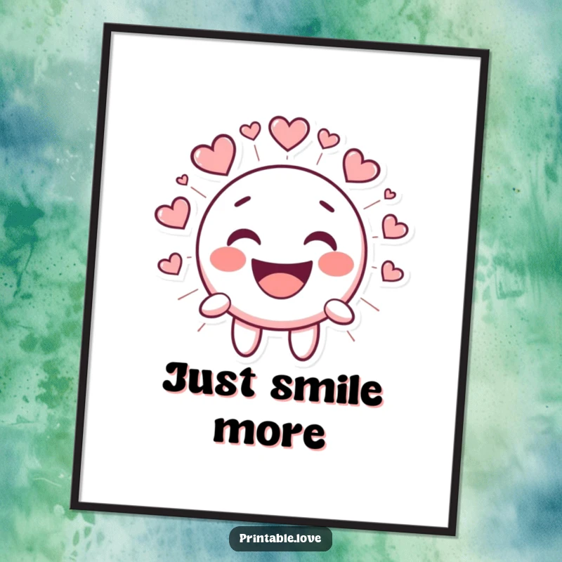 Funny Kawaii Smiley Face Poster, cute cartoon face laughing joyfully, radiating heart shapes, cheerful wall decor for any room.