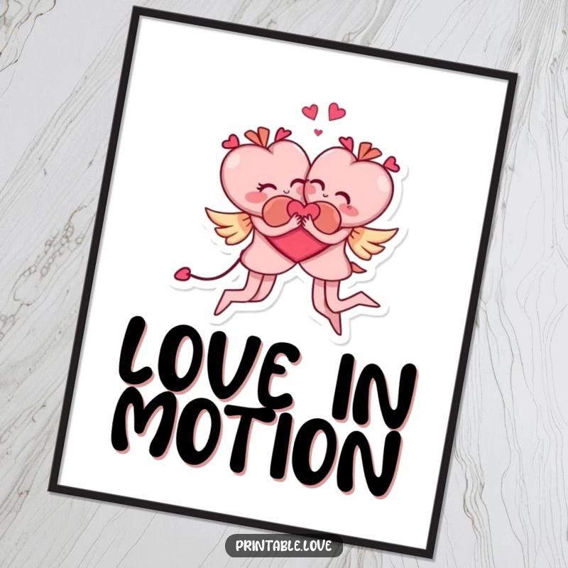 Funny poster featuring two heart characters in a dynamic, acrobatic embrace, symbolizing playful love and cheerful companionship.