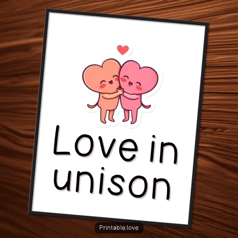 Funny small heart characters in a tender embrace, presented as a charming digital art poster.