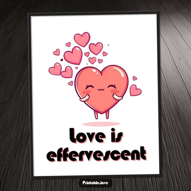 Funny poster depicting a heart character blowing a shimmering cloud of sparkly hearts, creating a festive and loving atmosphere.