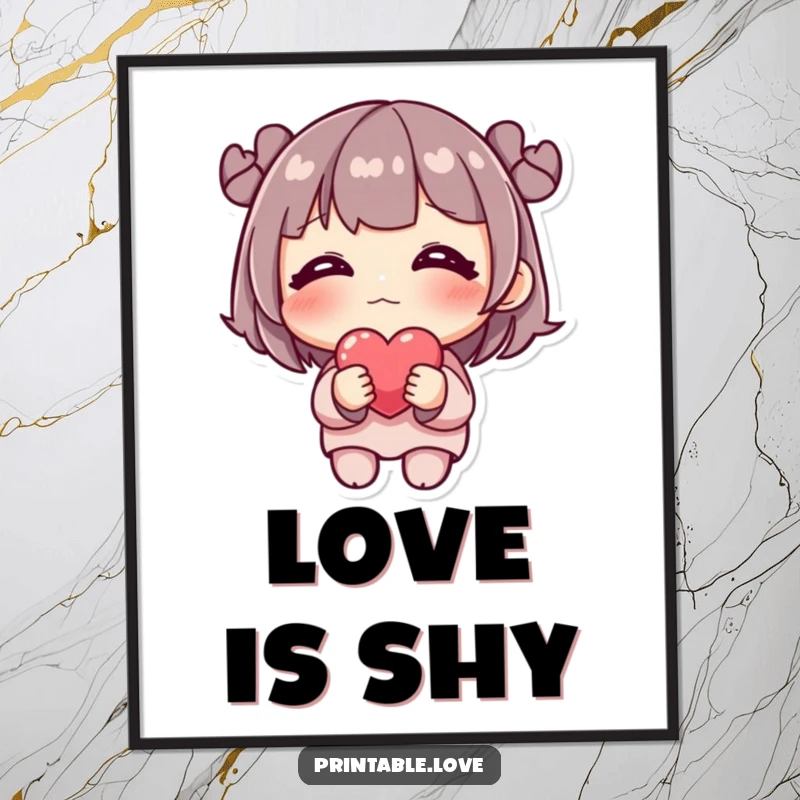 Funny Poster: A bashful character is blushing profusely while holding one small, delicate heart, perfect wall decoration.