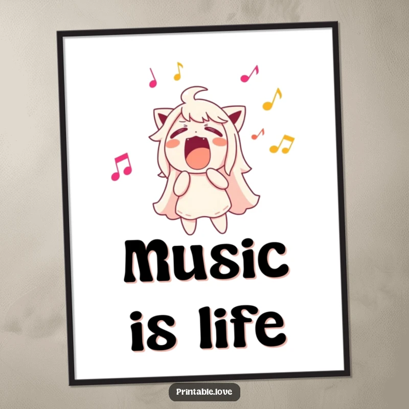 Funny character singing loudly, musical notes flying out, lively poster, humorous music wall art.