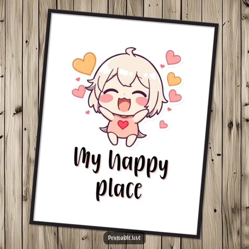 Funny excited character poster art, hearts bursting around the head, great for wall decor.