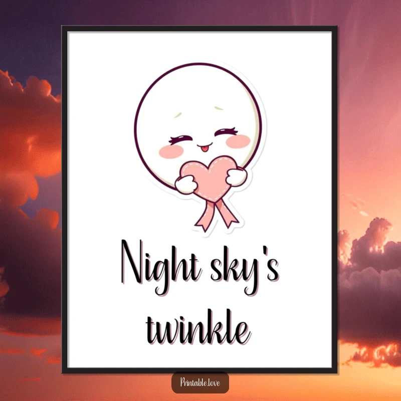 Funny kawaii moon poster featuring a mischievous wink and a heart-shaped ribbon, adding playful charm to decor.