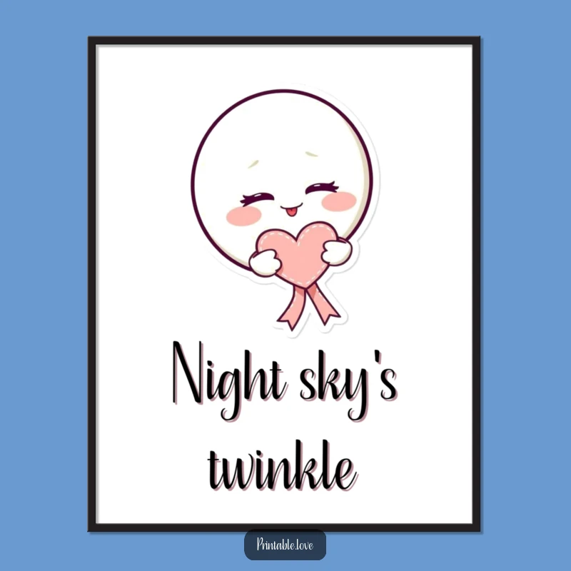 Funny Kawaii Moon Poster: Mischievous Wink Art, Heart Ribbon Print, Gift Idea