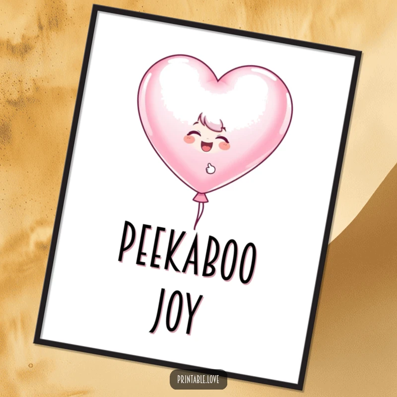 Funny heart balloon poster featuring a giggling character playfully peeking from behind a large, heart-shaped balloon, perfect for cheerful decor.