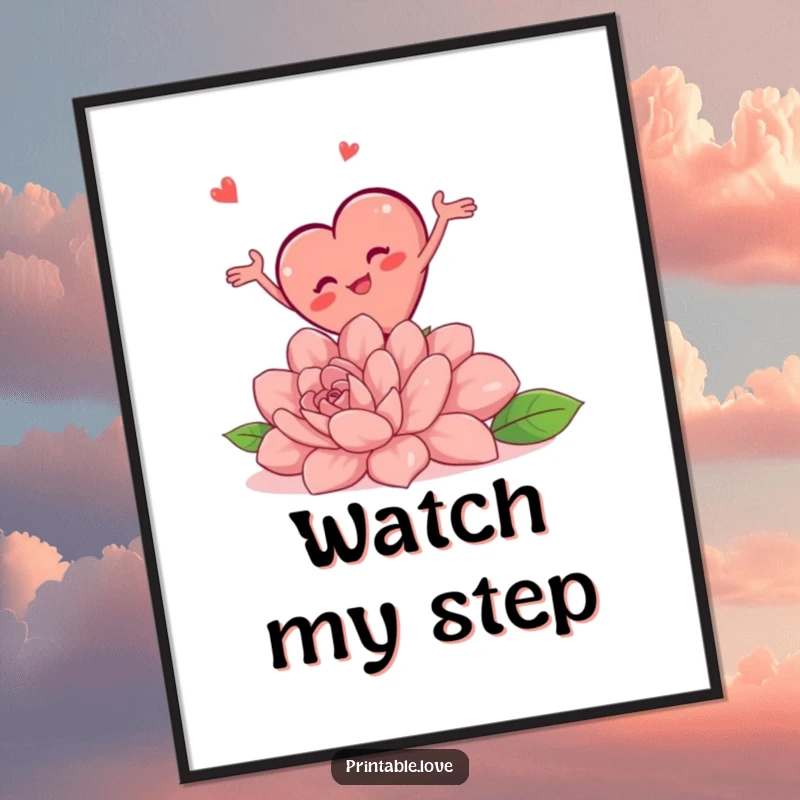 Funny poster capturing a chubby heart character tumbling head over heels after tripping on a huge flower, arms and legs askew.