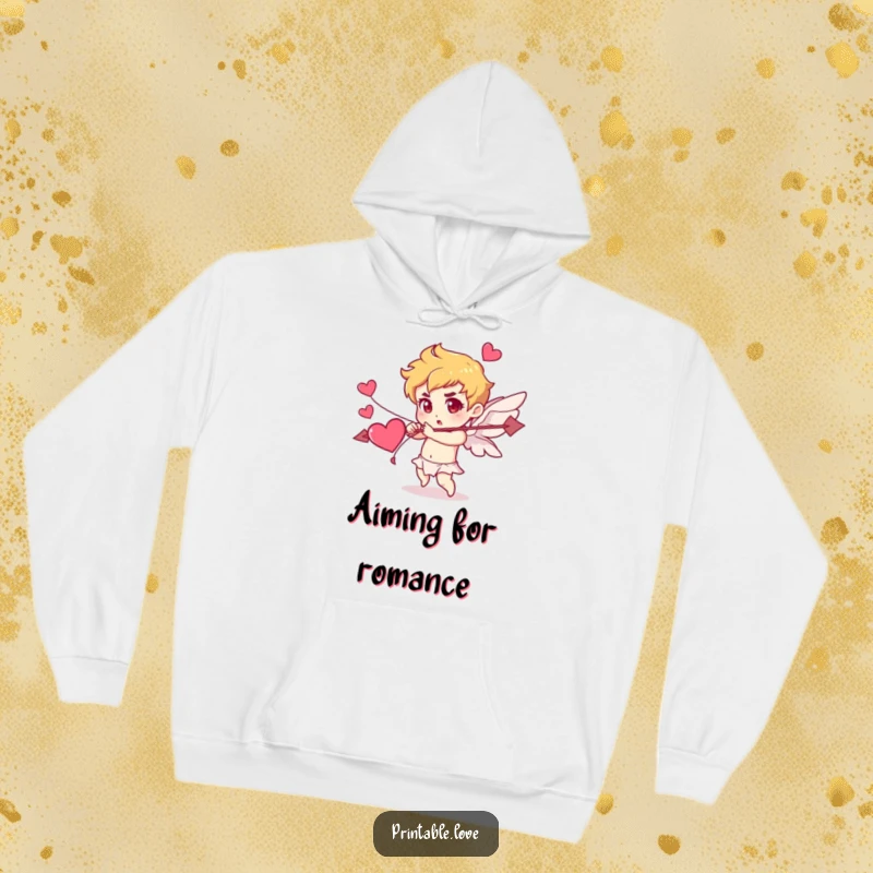 Funny Cupid hoodie design with a character determinedly shooting an arrow made of hearts, offering warmth and romantic humor.