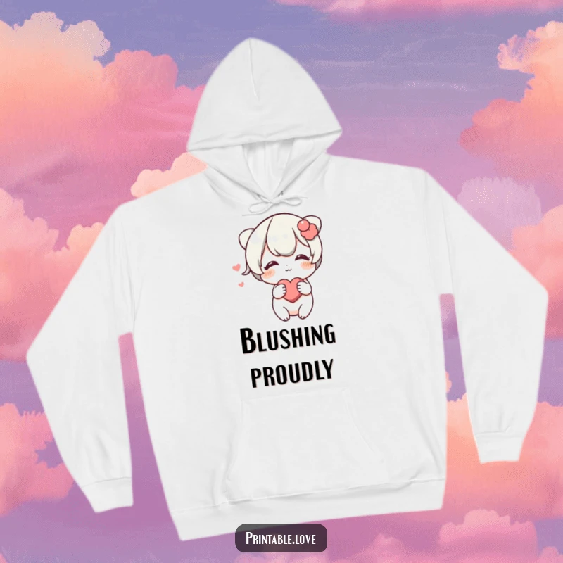 Funny Blushing Heart Hoodie: A character is depicted blushing warmly while playfully pushing a heart towards the viewer, radiating gentle affection.