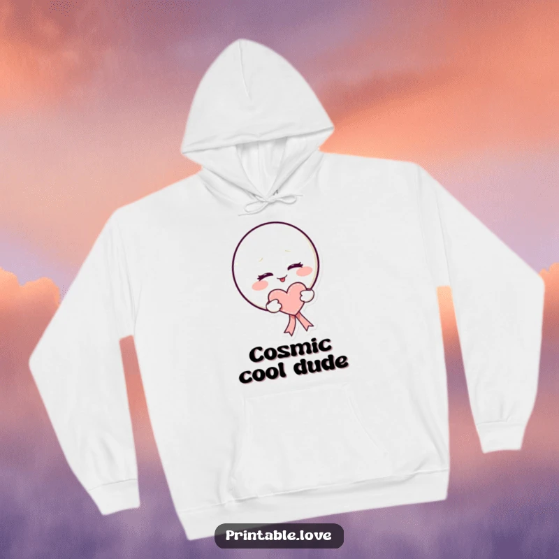 Funny kawaii moon hoodie depicting a mischievous wink and a heart-shaped ribbon, perfect for cozy, playful days.